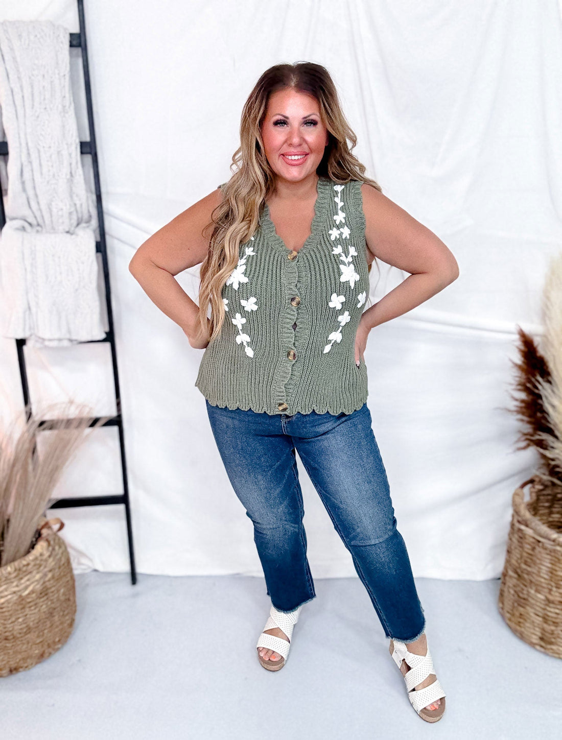 Olive and White Floral Sweater Vest - Whiskey Skies - POLAGRAM + BAEVELY