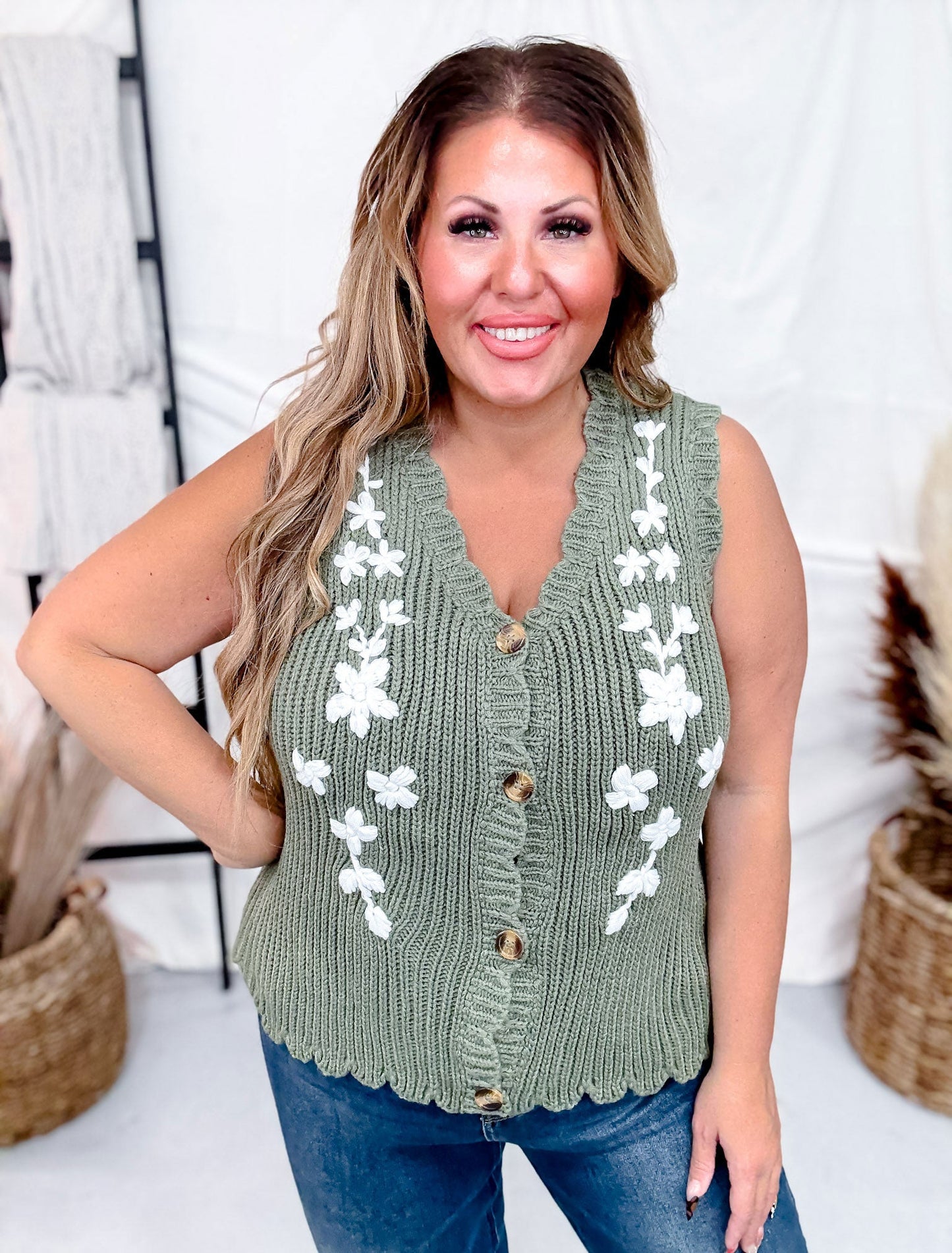 Olive and White Floral Sweater Vest - Whiskey Skies - POLAGRAM + BAEVELY