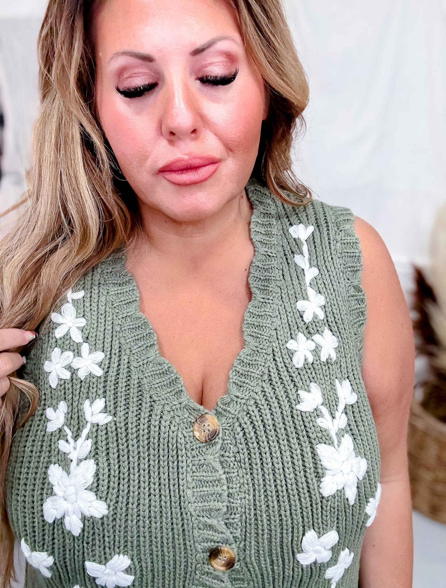 Olive and White Floral Sweater Vest - Whiskey Skies - POLAGRAM + BAEVELY