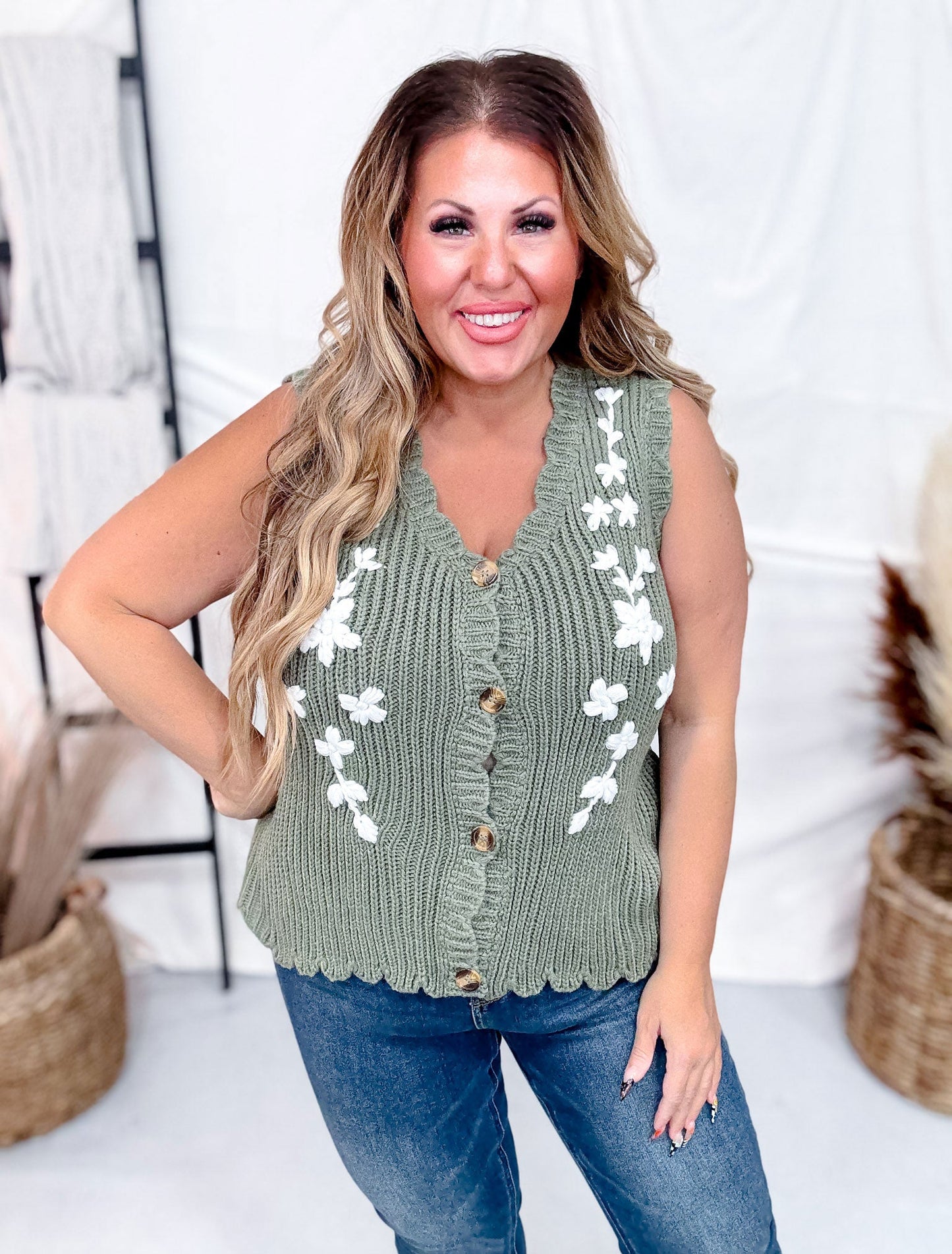 Olive and White Floral Sweater Vest - Whiskey Skies - POLAGRAM + BAEVELY