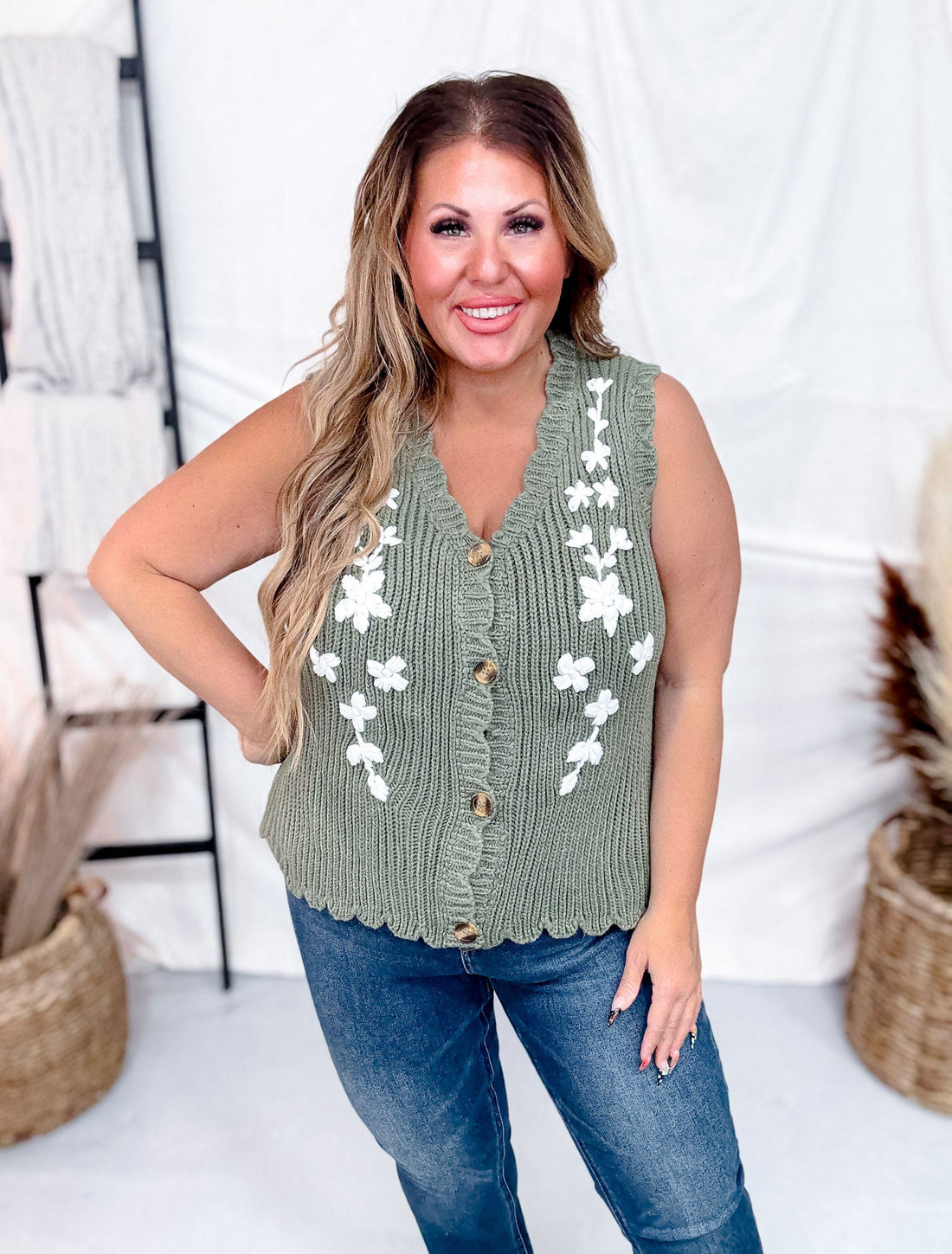 Olive and White Floral Sweater Vest - Whiskey Skies - POLAGRAM + BAEVELY
