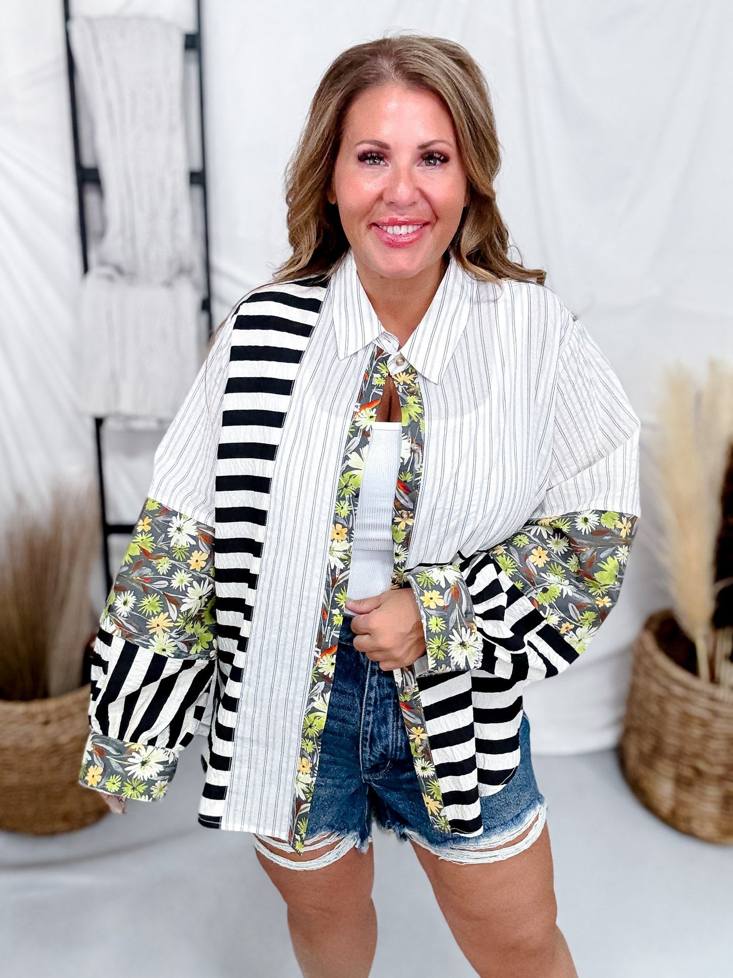 Olive & Black Mixed Print Button Down Top - Whiskey Skies - SEW IN LOVE