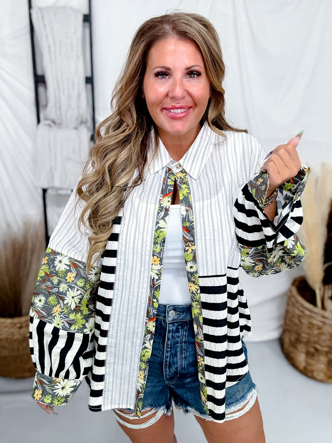 Olive & Black Mixed Print Button Down Top - Whiskey Skies - SEW IN LOVE