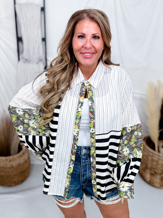Olive & Black Mixed Print Button Down Top - Whiskey Skies - SEW IN LOVE