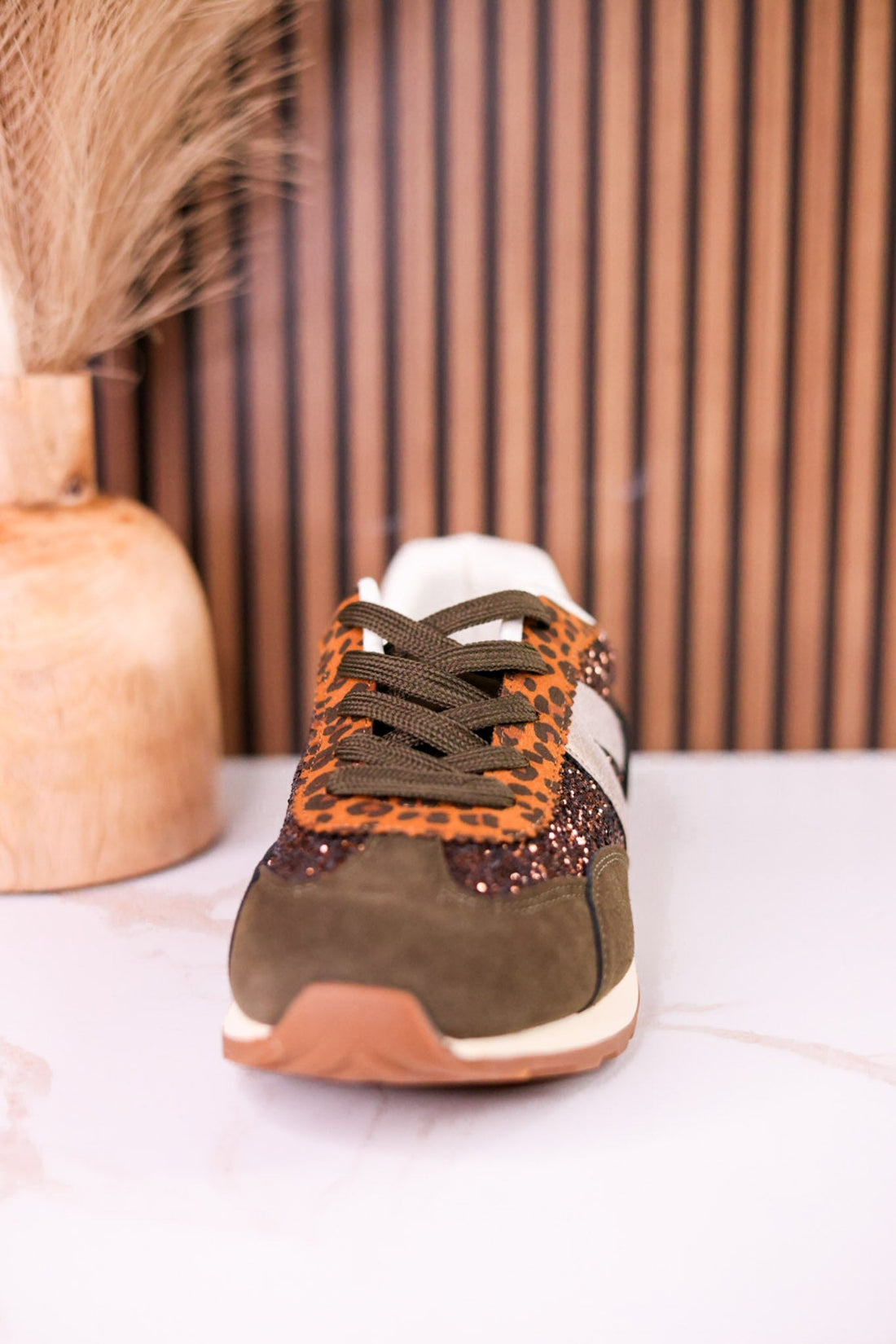 Olive & Brown Sneakers With Leopard Print & Glitter Accents - Whiskey Skies - VERY G