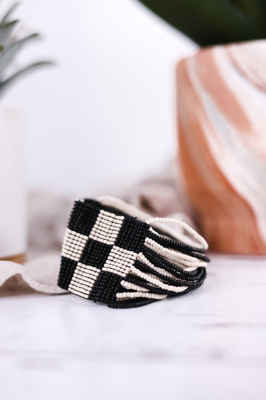 Olive Checkered Beaded Stretch Bracelet Black - Whiskey Skies - INK+ALLOY