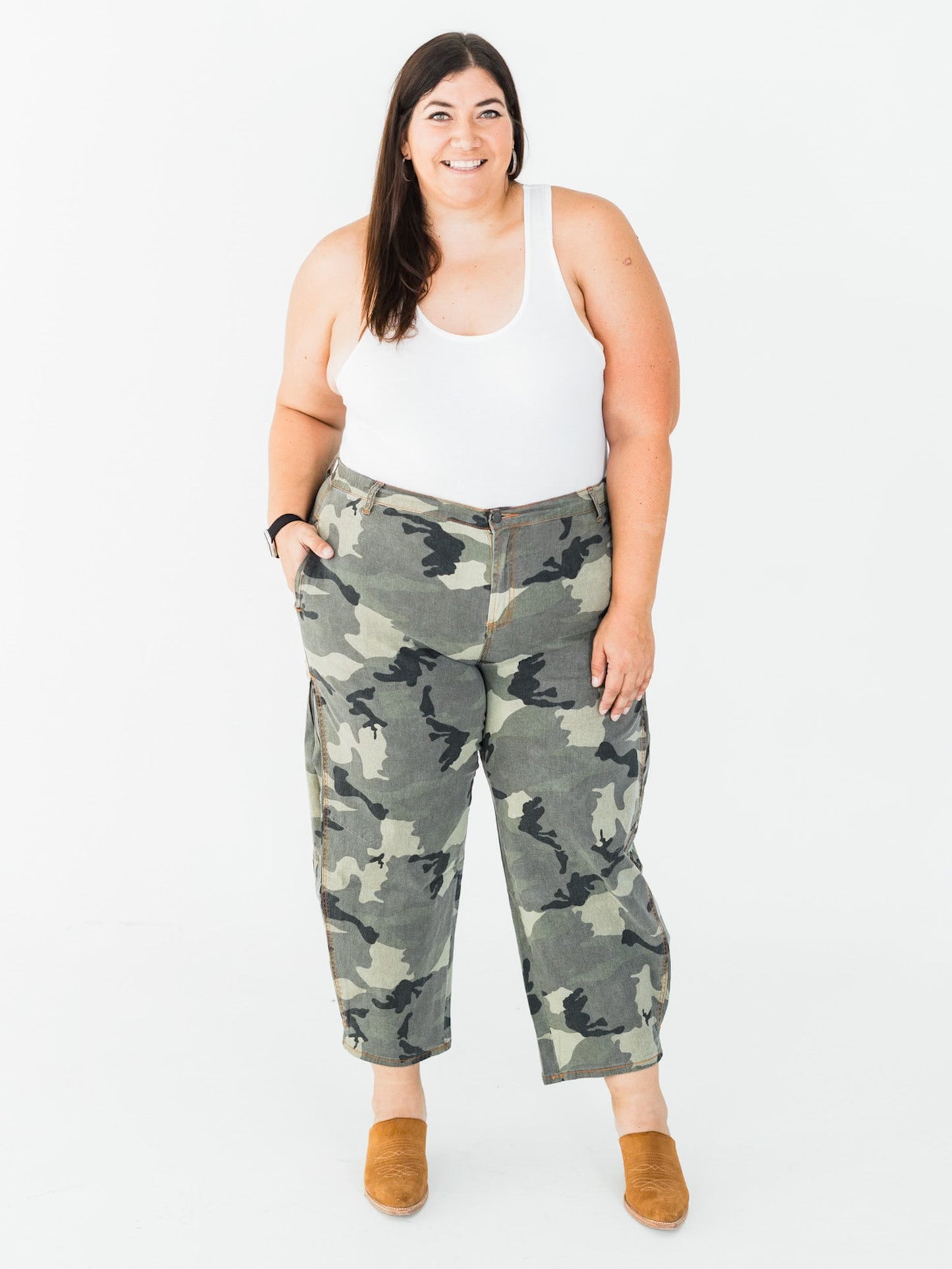 Olive & Gray Camo Print Cropped Barrel Leg Pants - Whiskey Skies - EASEL