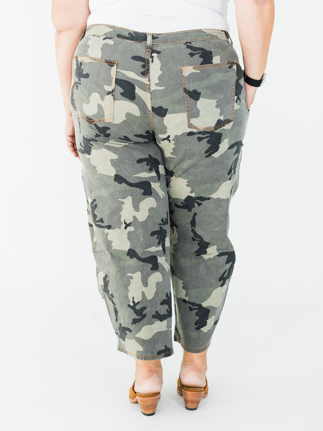 Olive & Gray Camo Print Cropped Barrel Leg Pants - Whiskey Skies - EASEL