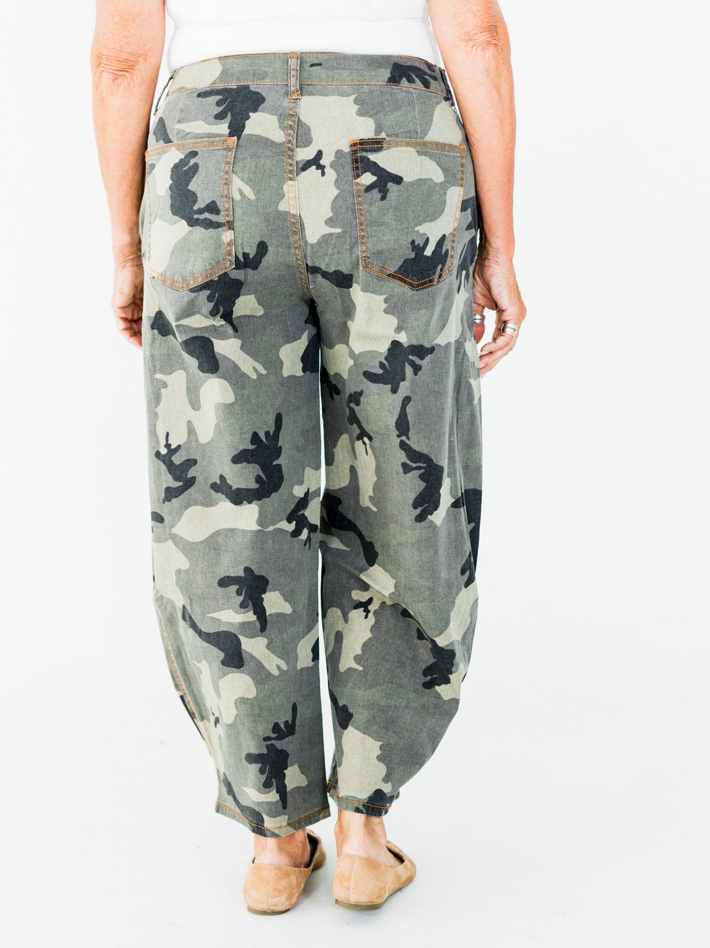 Olive & Gray Camo Print Cropped Barrel Leg Pants - Whiskey Skies - EASEL