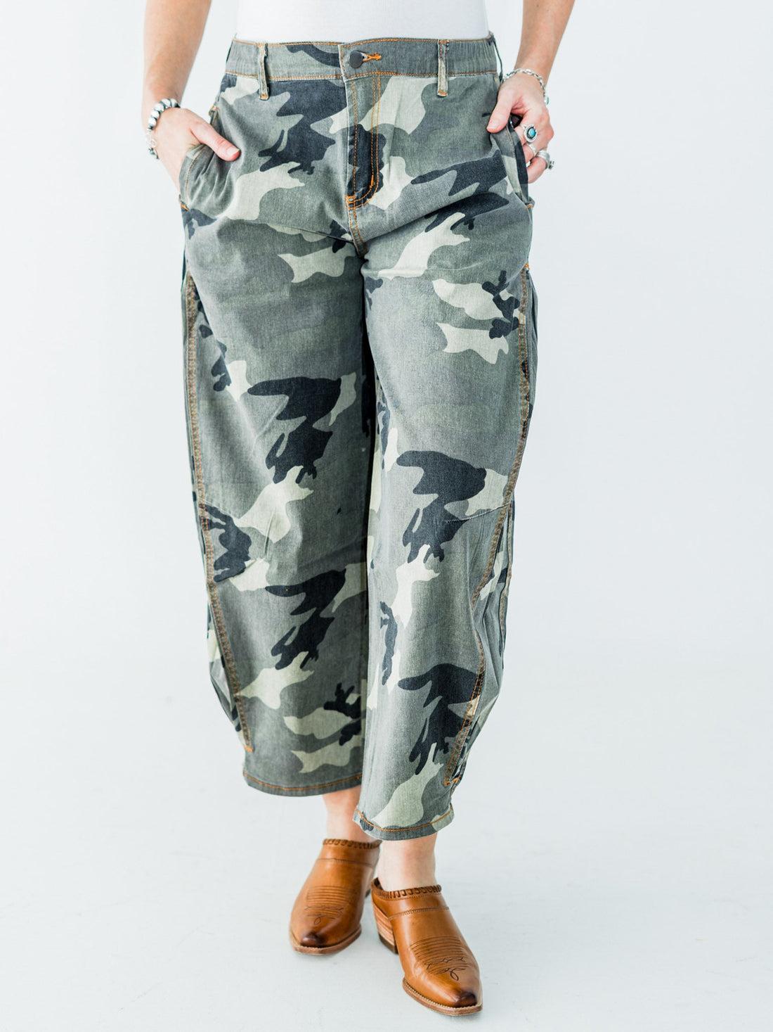 Olive & Gray Camo Print Cropped Barrel Leg Pants - Whiskey Skies - EASEL