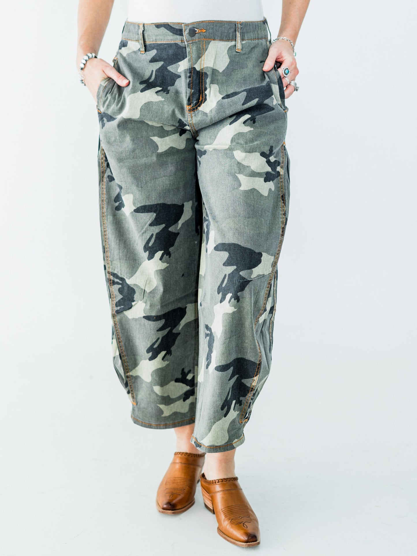 Olive & Gray Camo Print Cropped Barrel Leg Pants - Whiskey Skies - EASEL