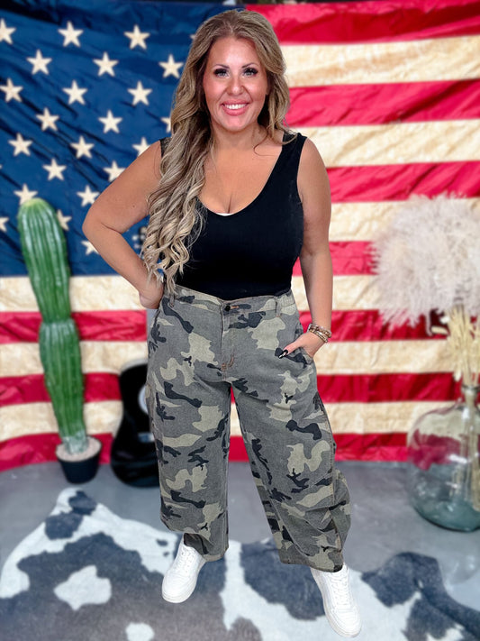 Olive & Gray Camo Print Cropped Barrel Leg Pants - Whiskey Skies - EASEL