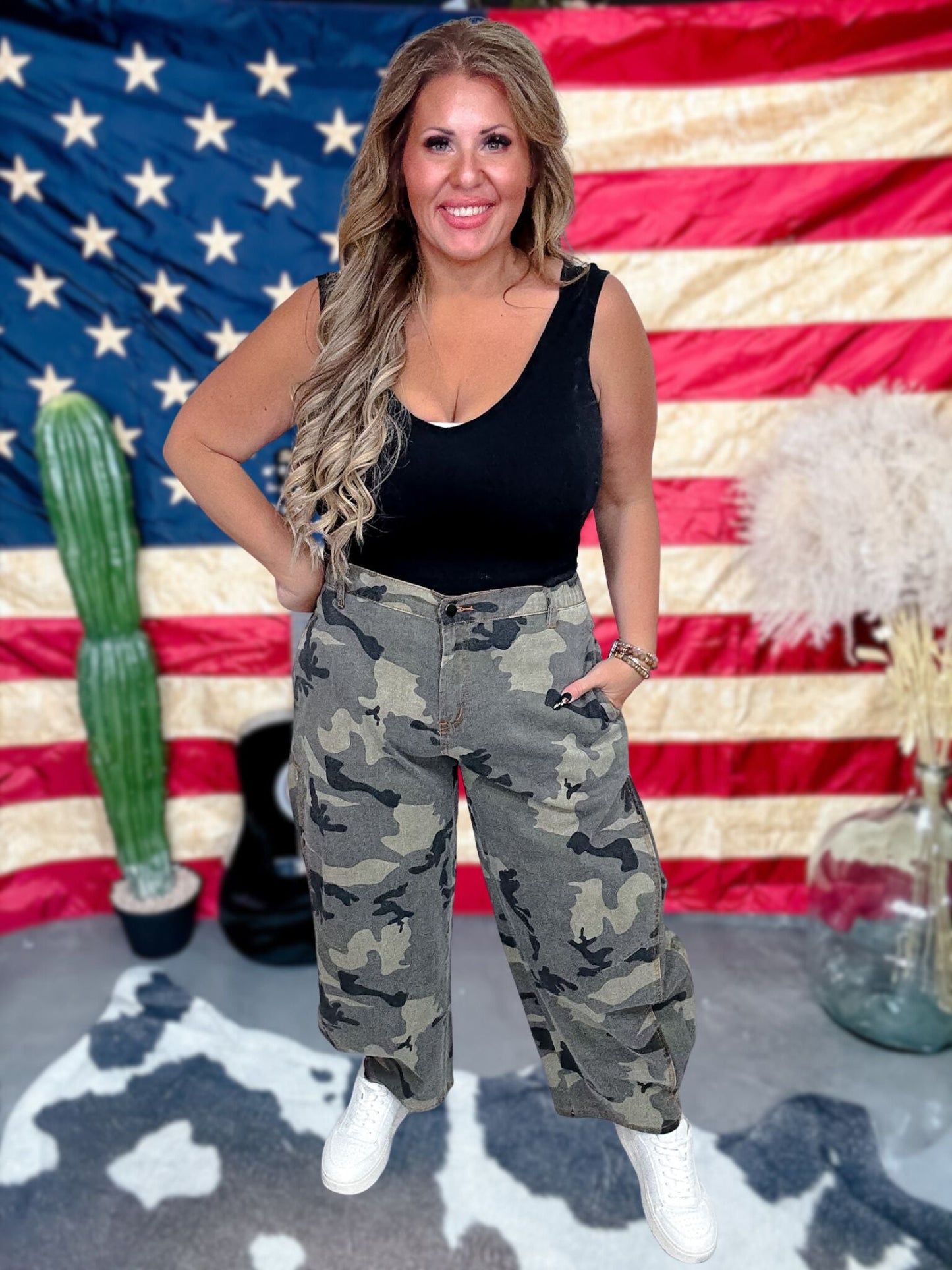 Olive & Gray Camo Print Cropped Barrel Leg Pants - Whiskey Skies