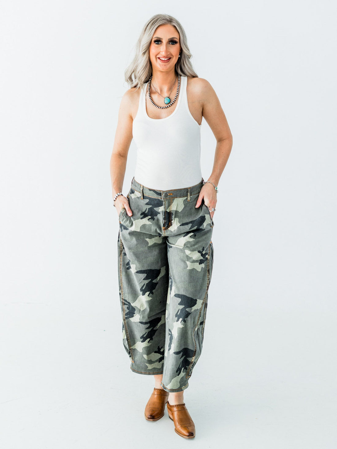 Olive & Gray Camo Print Cropped Barrel Leg Pants - Whiskey Skies - EASEL