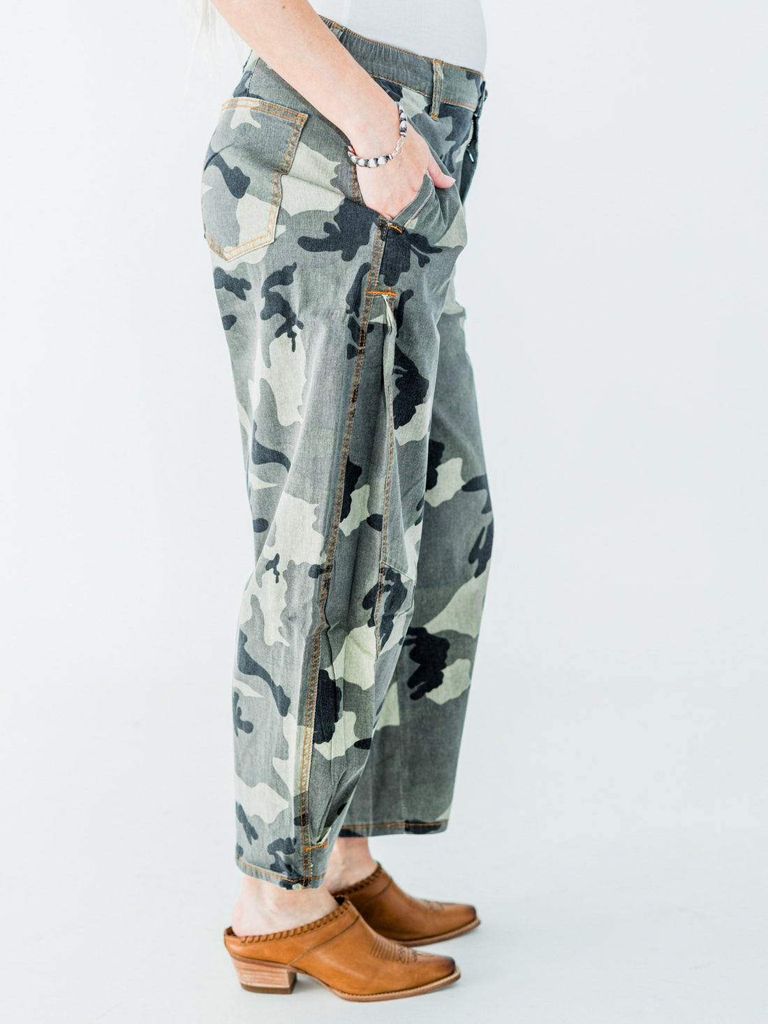 Olive & Gray Camo Print Cropped Barrel Leg Pants - Whiskey Skies - EASEL
