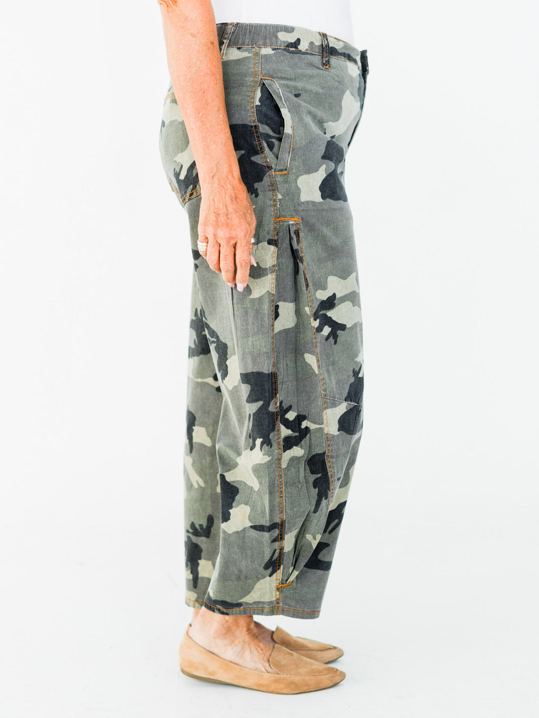 Olive & Gray Camo Print Cropped Barrel Leg Pants - Whiskey Skies - EASEL
