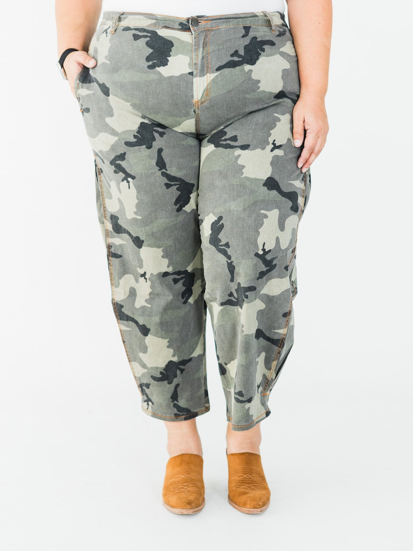 Olive & Gray Camo Print Cropped Barrel Leg Pants - Whiskey Skies - EASEL