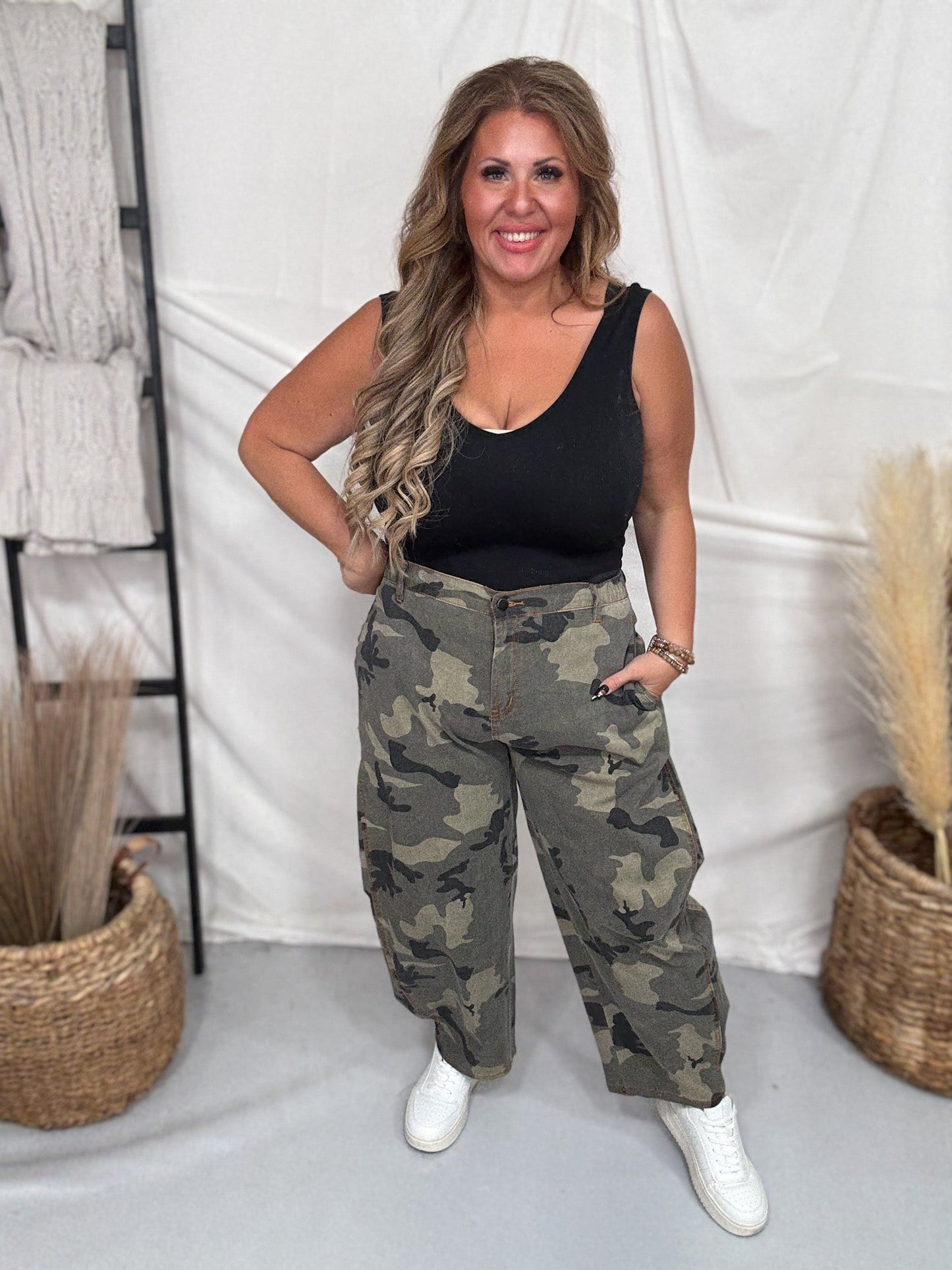 Olive & Gray Camo Print Cropped Barrel Leg Pants - Whiskey Skies - EASEL