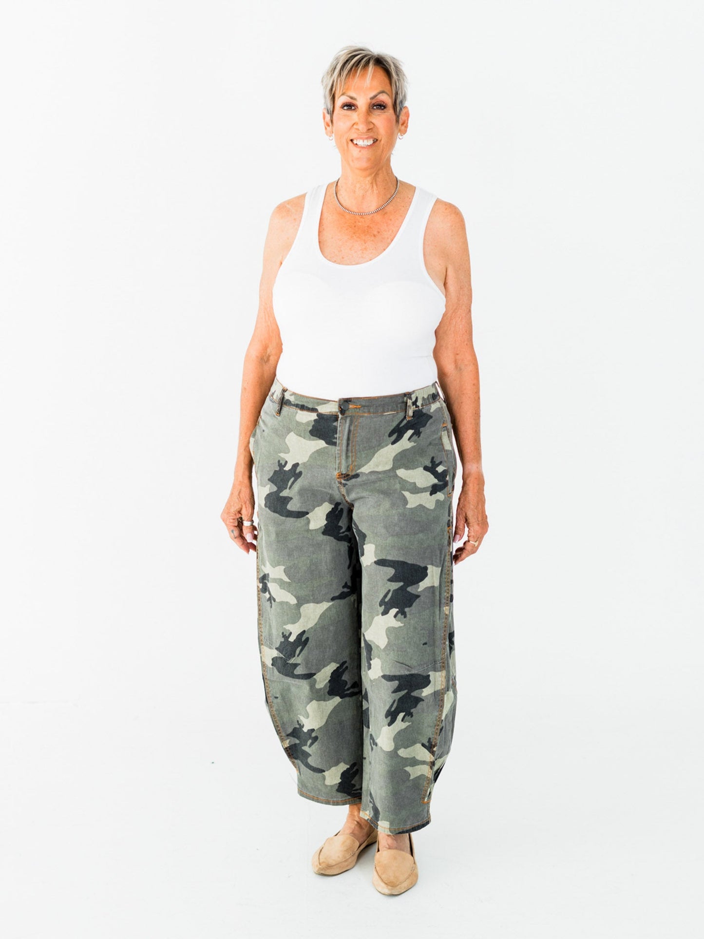 Olive & Gray Camo Print Cropped Barrel Leg Pants - Whiskey Skies - EASEL