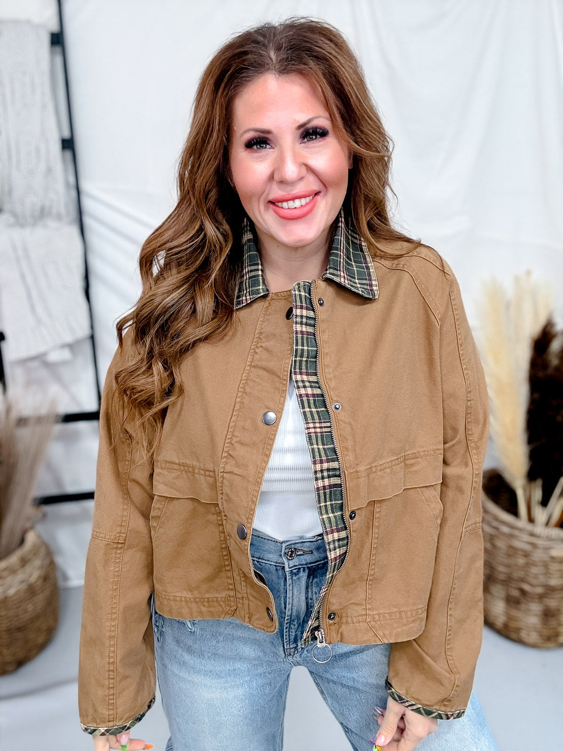 Olive Green Barn Jacket With Plaid Collar & Cuffs - Whiskey Skies - HEIMISH