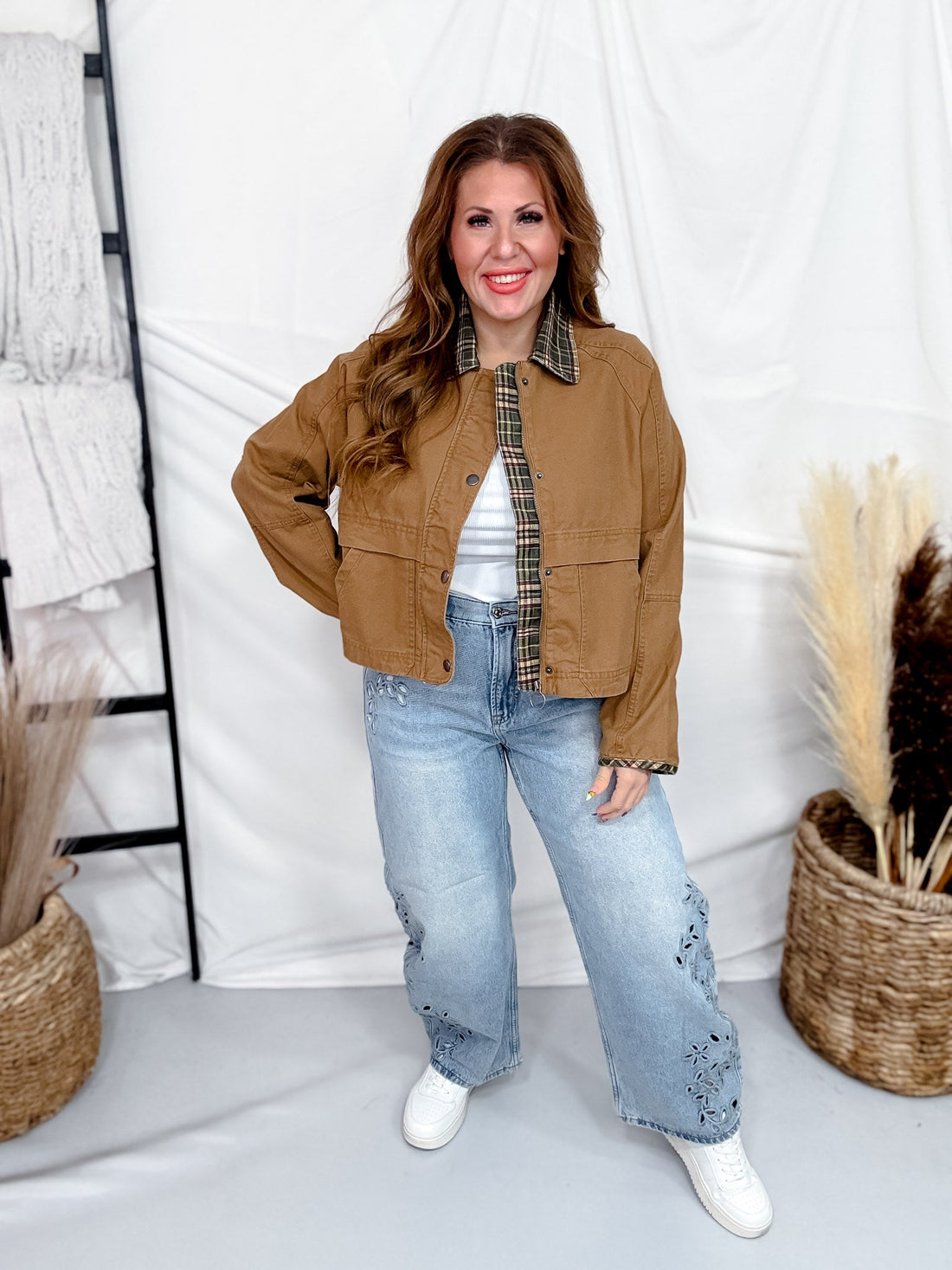 Olive Green Barn Jacket With Plaid Collar & Cuffs - Whiskey Skies - HEIMISH