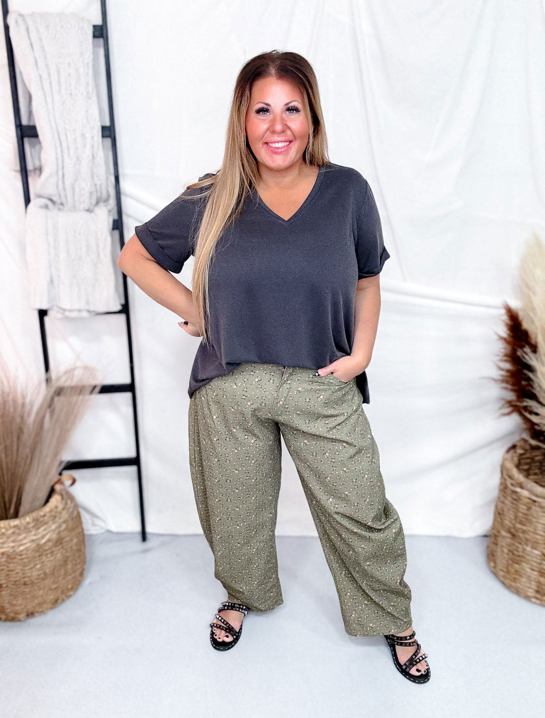 Olive Green Barrel Leg Pants With Floral Print - Whiskey Skies - DAVI & DANI