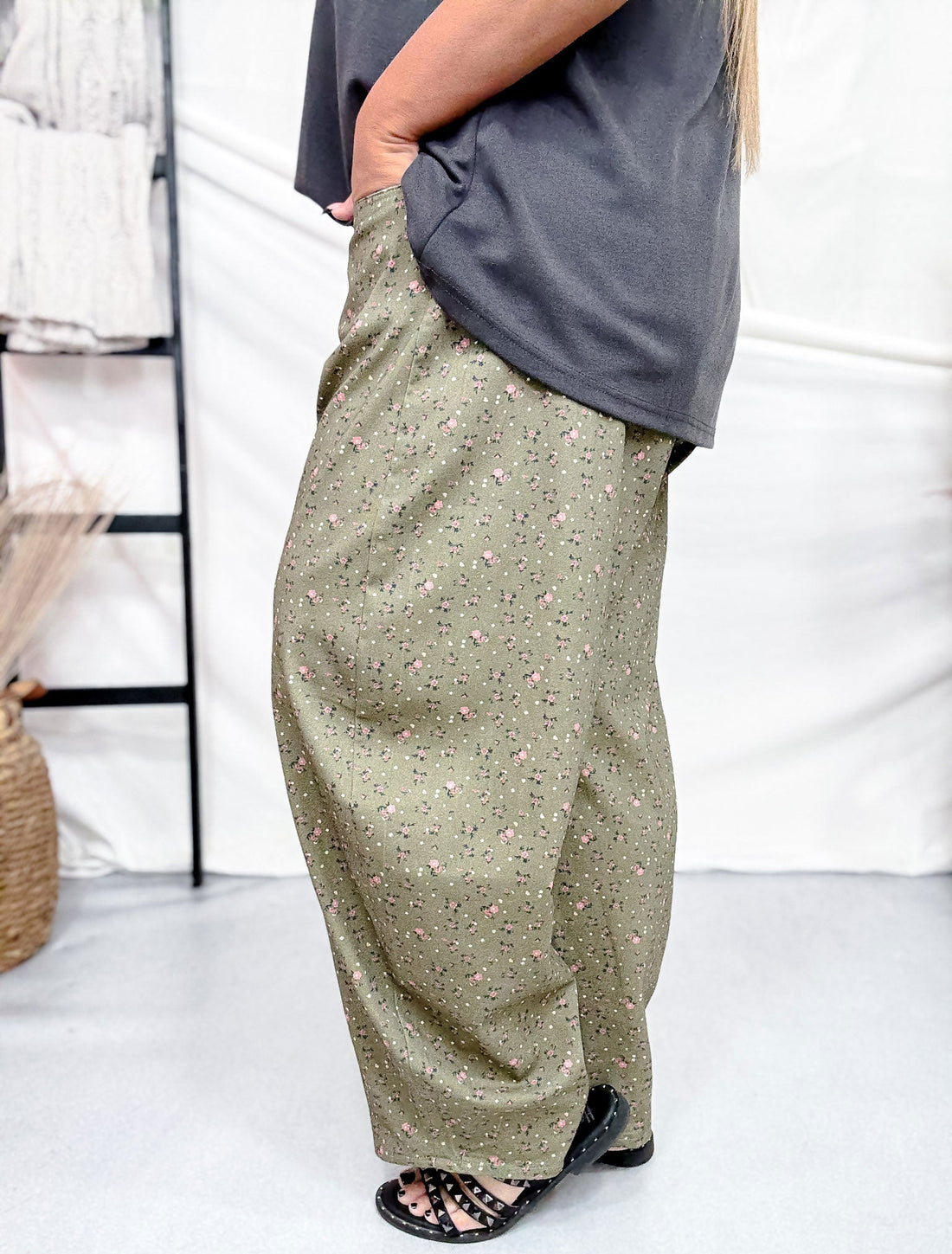 Olive Green Barrel Leg Pants With Floral Print - Whiskey Skies - DAVI & DANI
