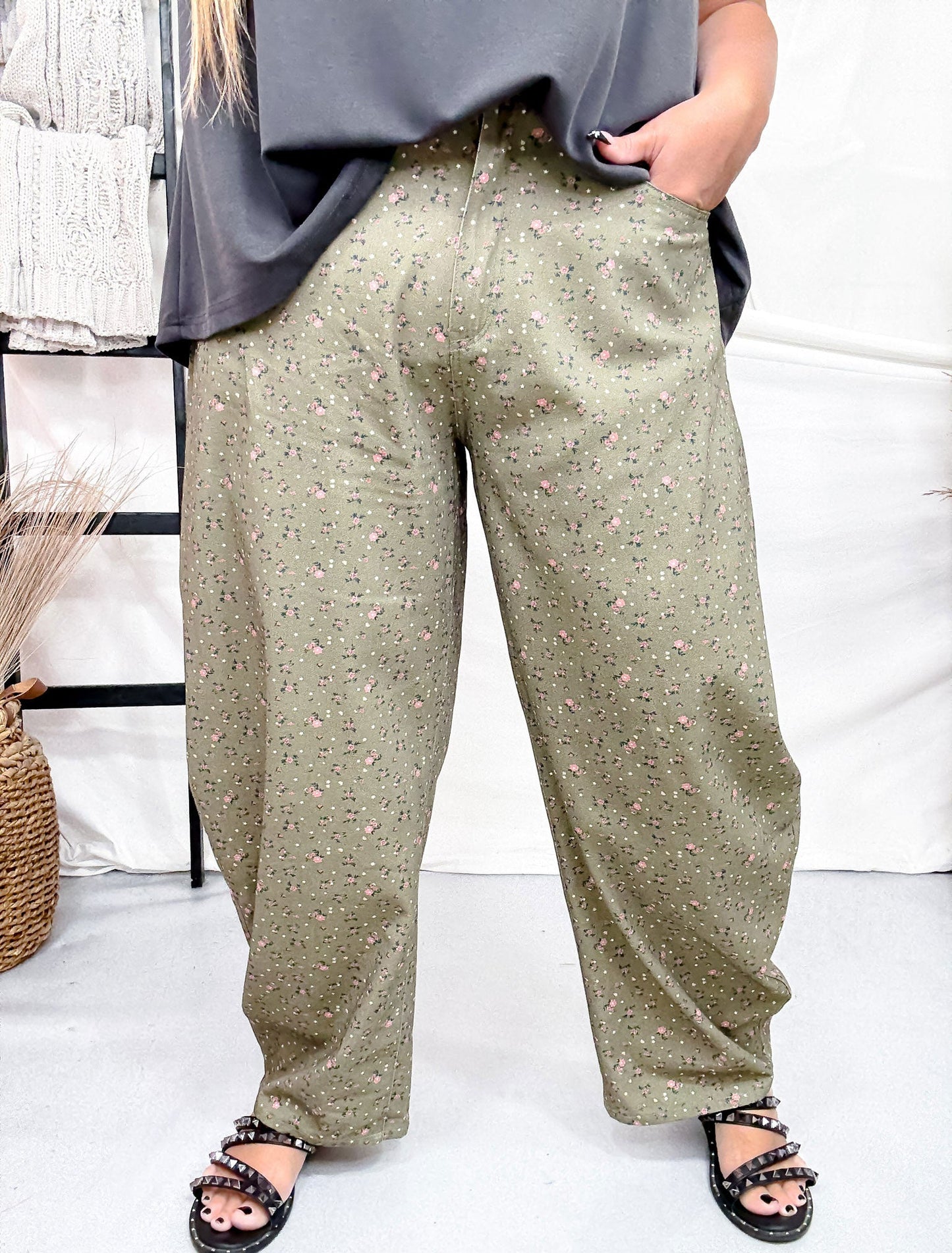 Olive Green Barrel Leg Pants With Floral Print - Whiskey Skies - DAVI & DANI