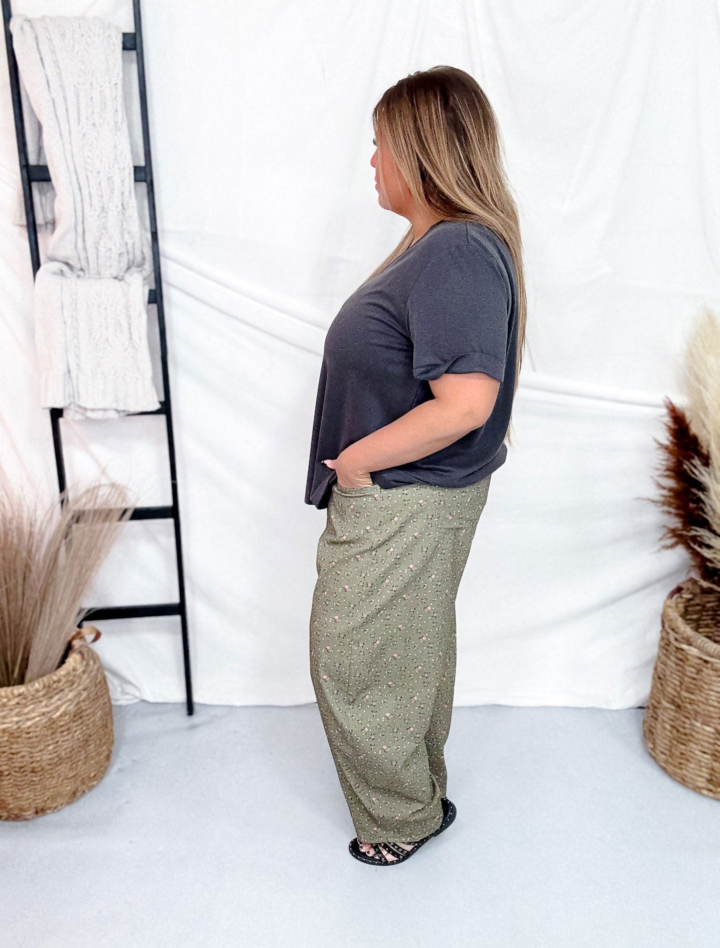 Olive Green Barrel Leg Pants With Floral Print - Whiskey Skies - DAVI & DANI