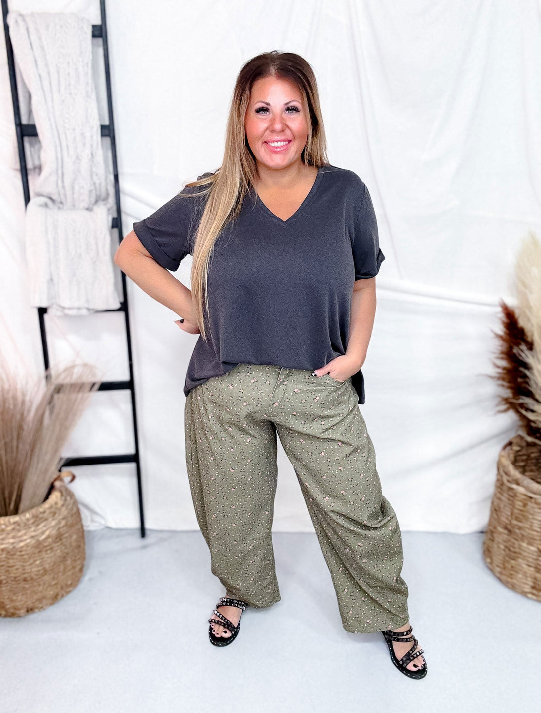 Olive Green Barrel Leg Pants With Floral Print - Whiskey Skies - DAVI & DANI