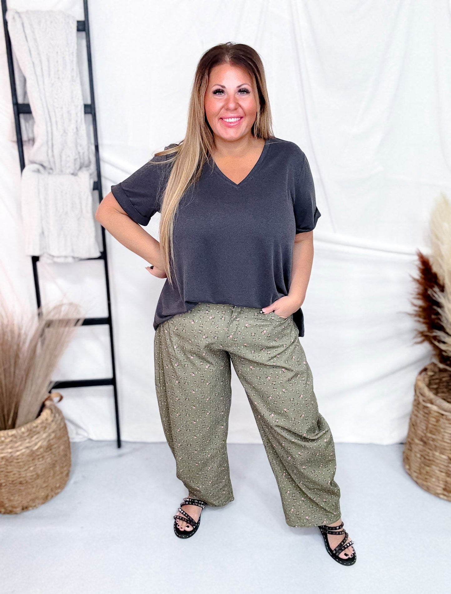 Olive Green Barrel Leg Pants With Floral Print - Whiskey Skies - DAVI & DANI