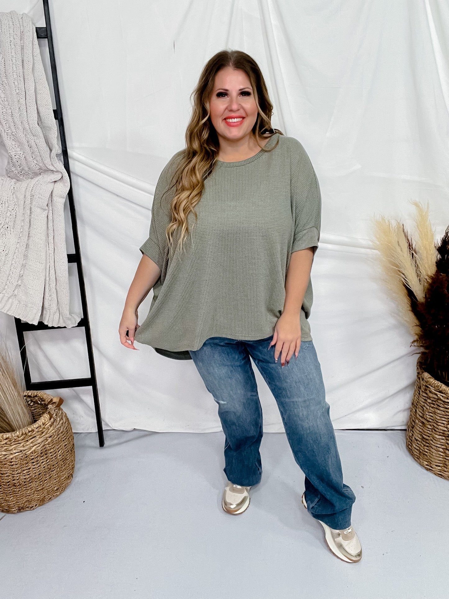 Olive Green Dolman Sleeve Thermal Top - Whiskey Skies - ANDREE BY UNIT