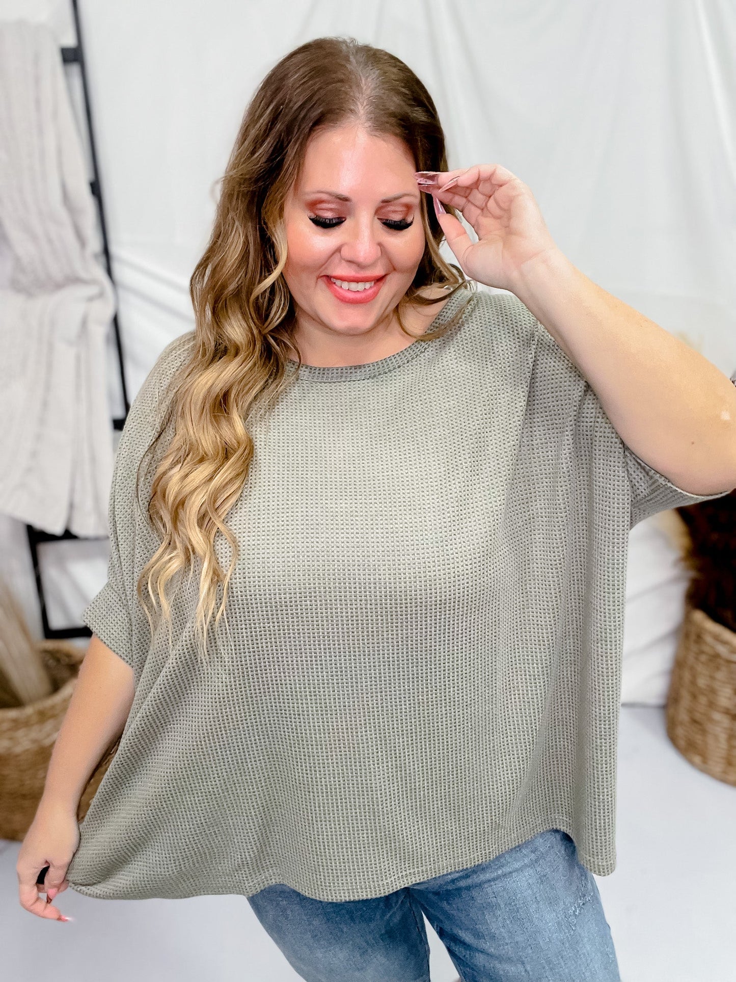 Olive Green Dolman Sleeve Thermal Top - Whiskey Skies - ANDREE BY UNIT