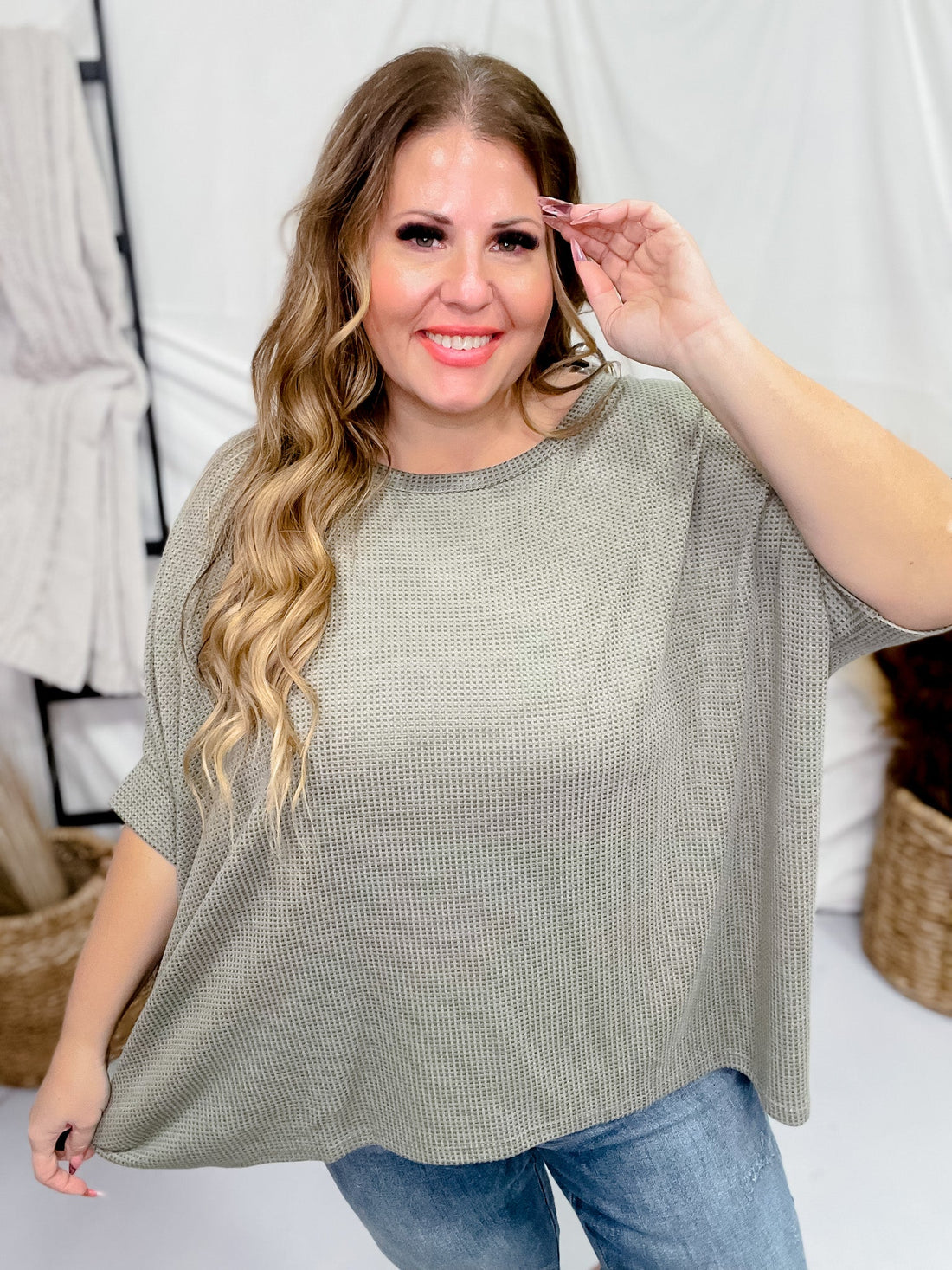 Olive Green Dolman Sleeve Thermal Top - Whiskey Skies - ANDREE BY UNIT