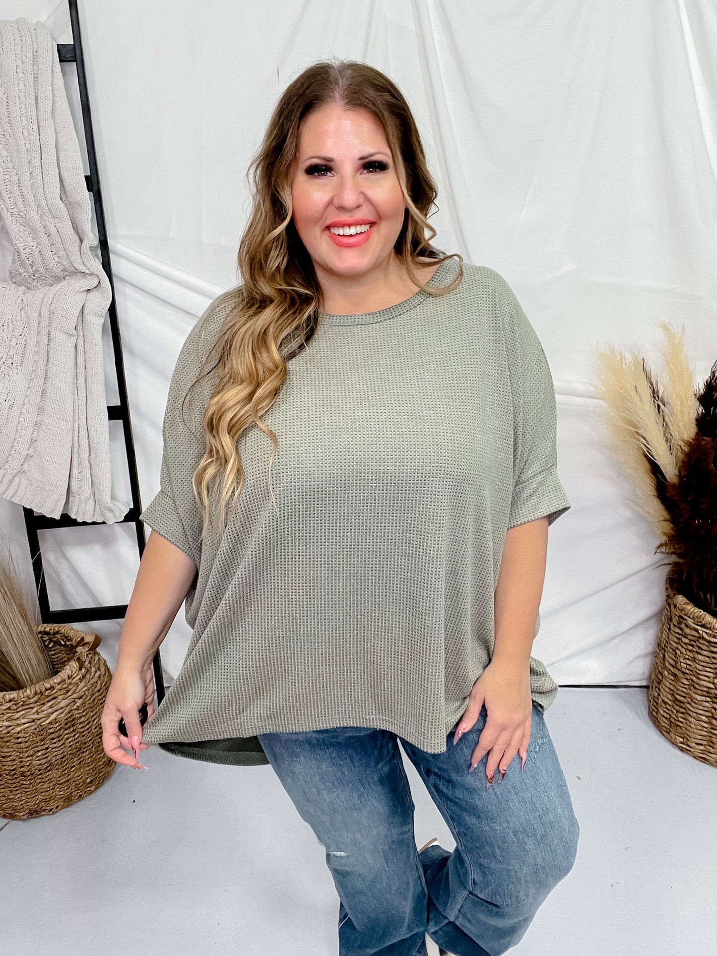 Olive Green Dolman Sleeve Thermal Top - Whiskey Skies - ANDREE BY UNIT