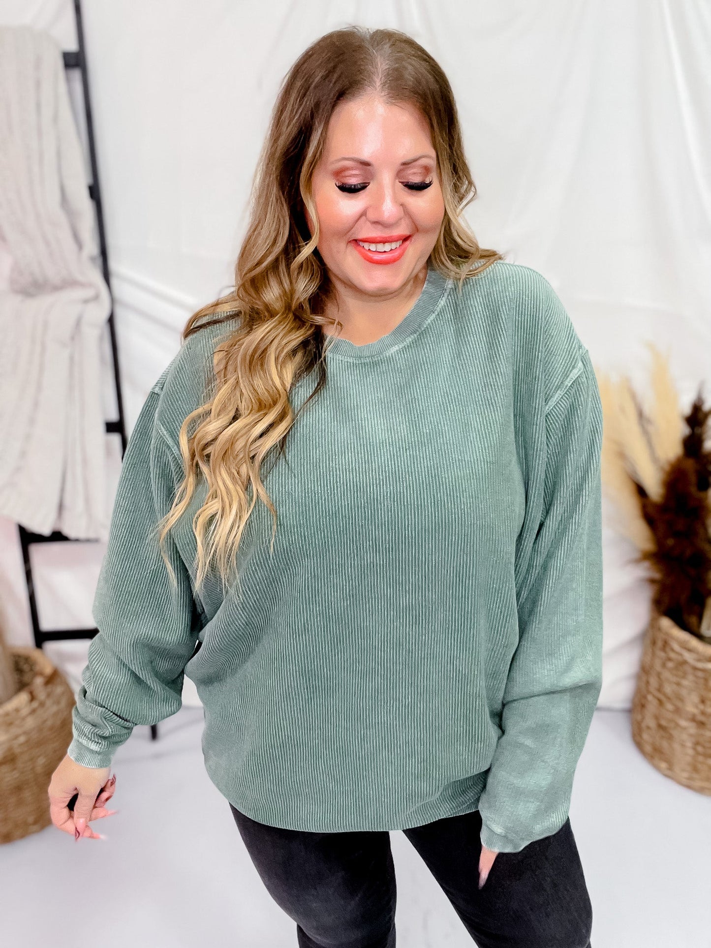 Olive Green Essential Luxe Corded Crew Sweatshirt - Whiskey Skies - MOON RYDER