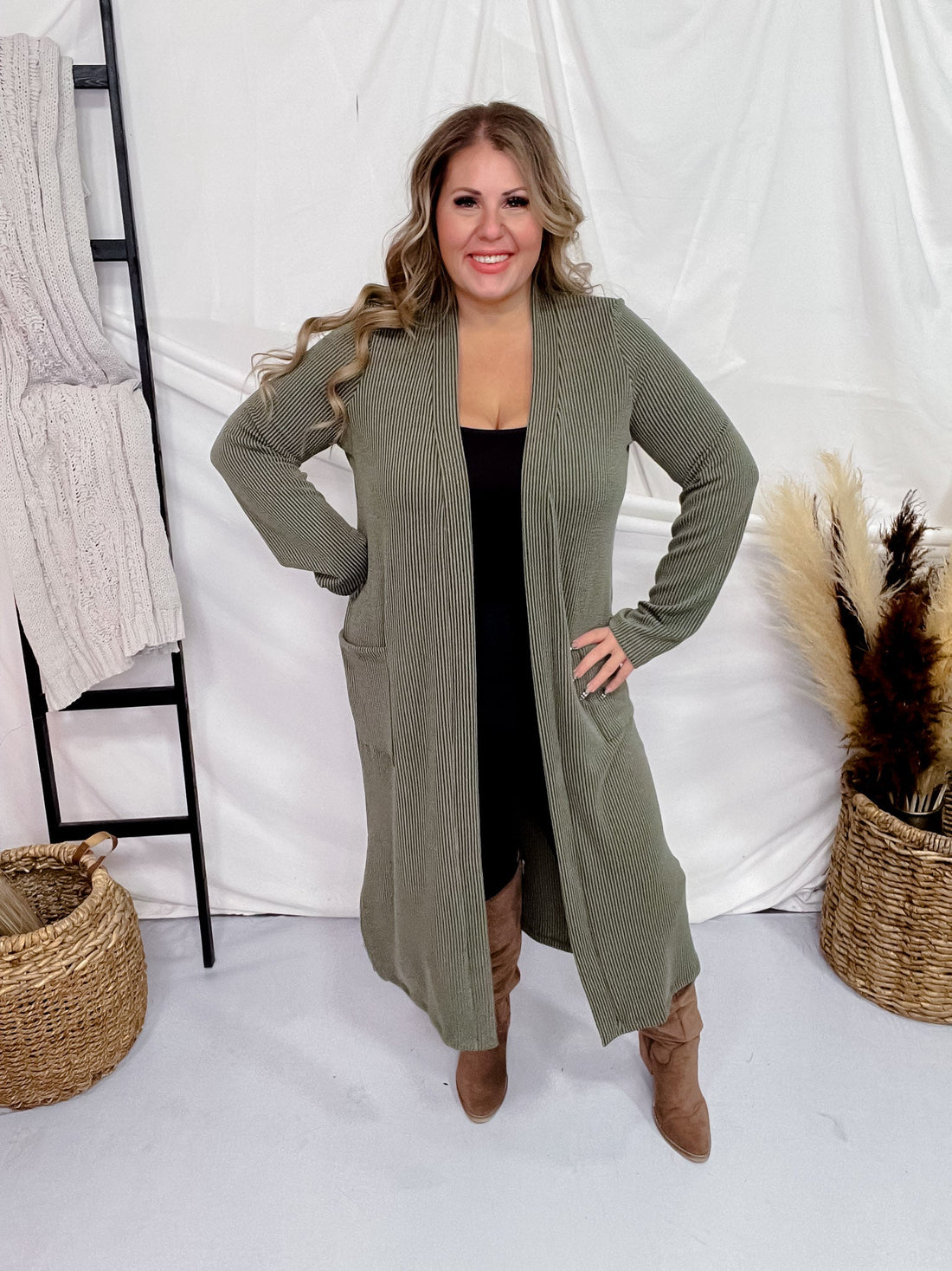 Olive Green Long Sleeve Ribbed Duster with Side Slits - Whiskey Skies - STYLIVE