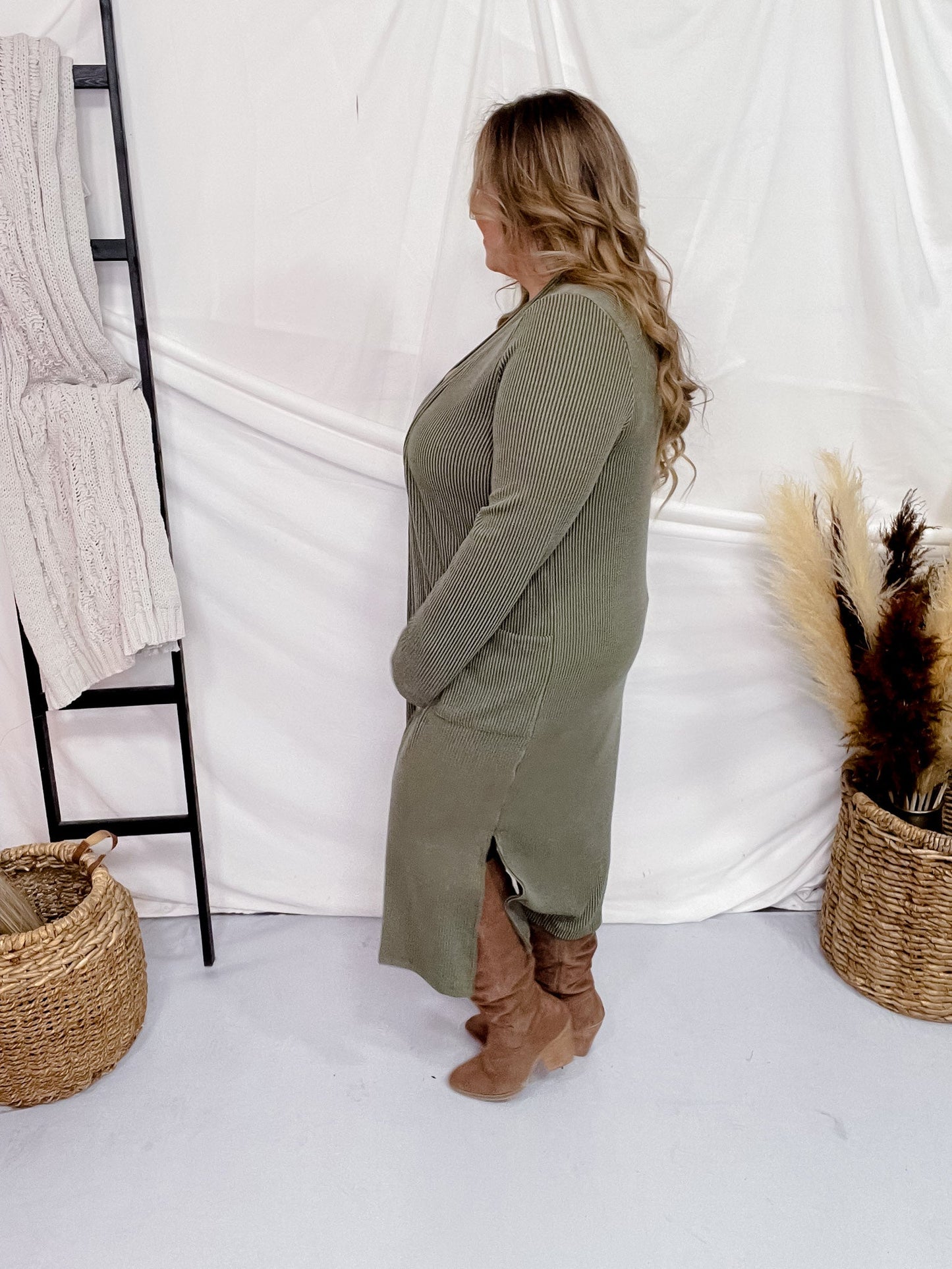 Olive Green Long Sleeve Ribbed Duster with Side Slits - Whiskey Skies - STYLIVE