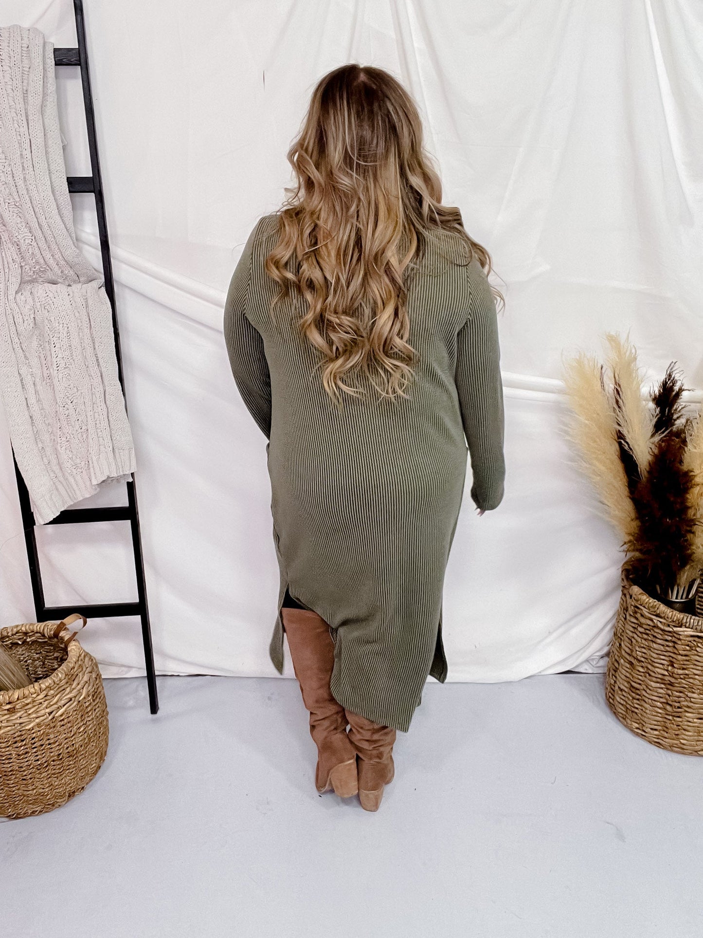 Olive Green Long Sleeve Ribbed Duster with Side Slits - Whiskey Skies - STYLIVE