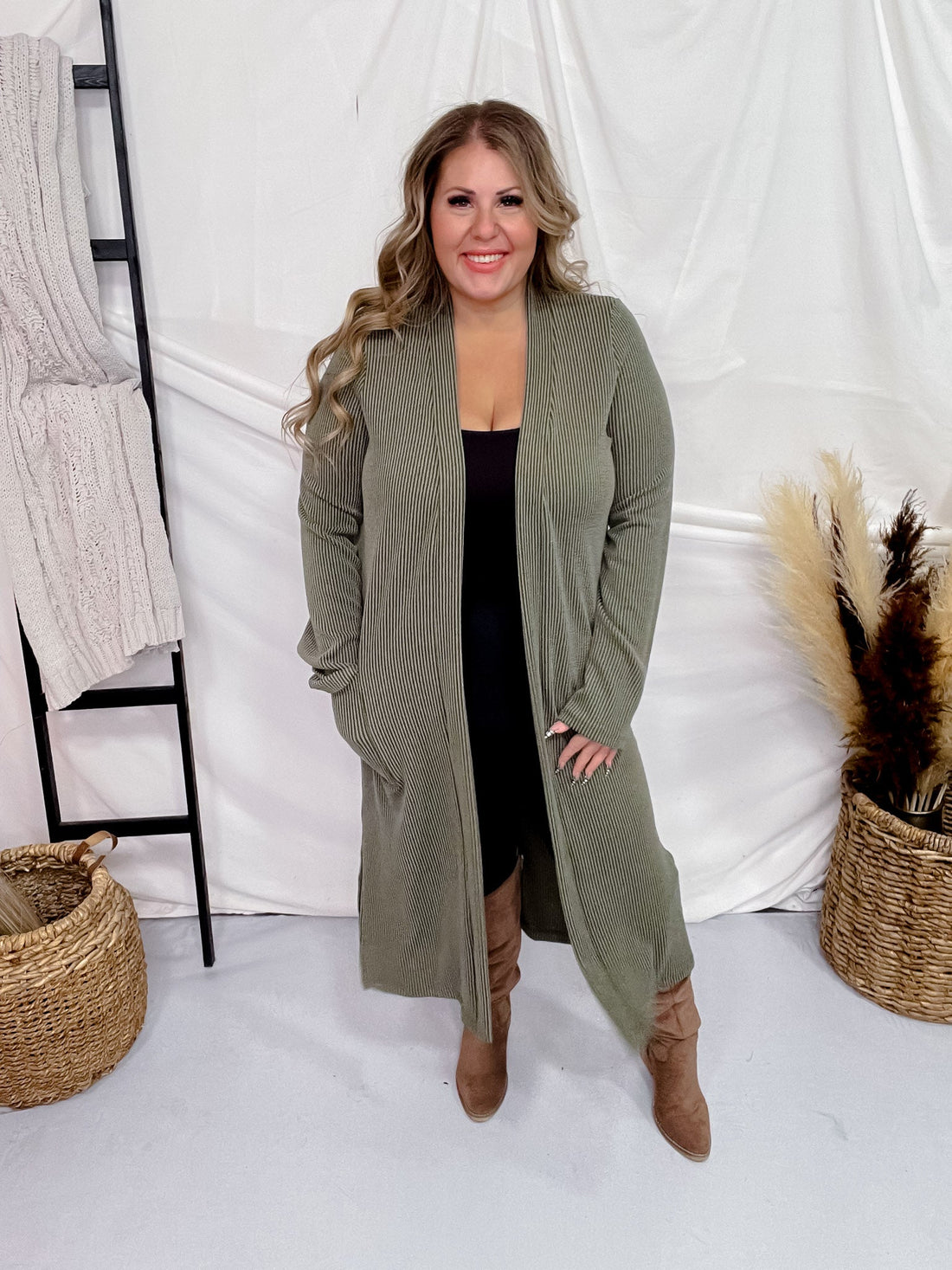 Olive Green Long Sleeve Ribbed Duster with Side Slits - Whiskey Skies - STYLIVE