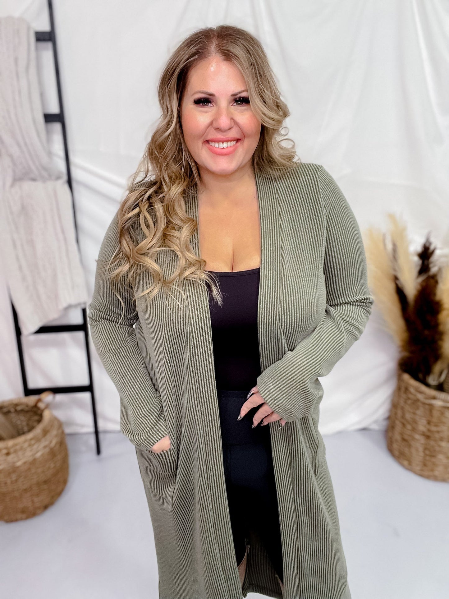 Olive Green Long Sleeve Ribbed Duster with Side Slits - Whiskey Skies - STYLIVE