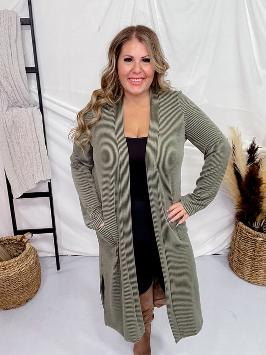 Olive Green Long Sleeve Ribbed Duster with Side Slits - Whiskey Skies - STYLIVE