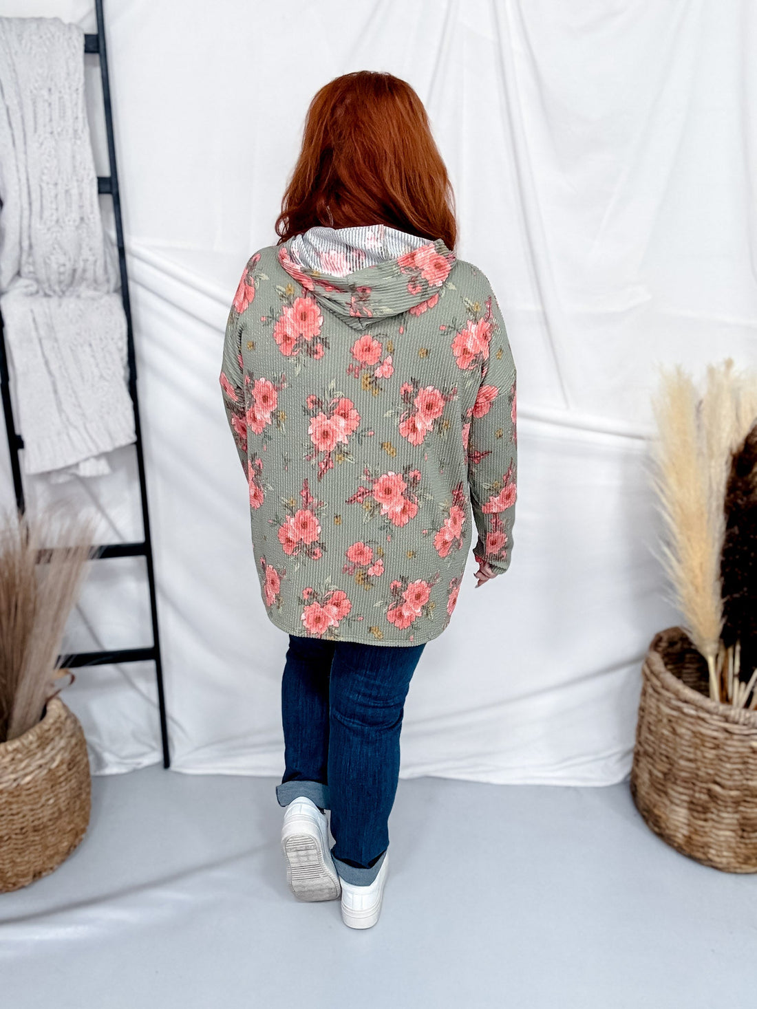 Olive Green Ribbed Lightweight Hoodie With Floral Print - Whiskey Skies - HEIMISH