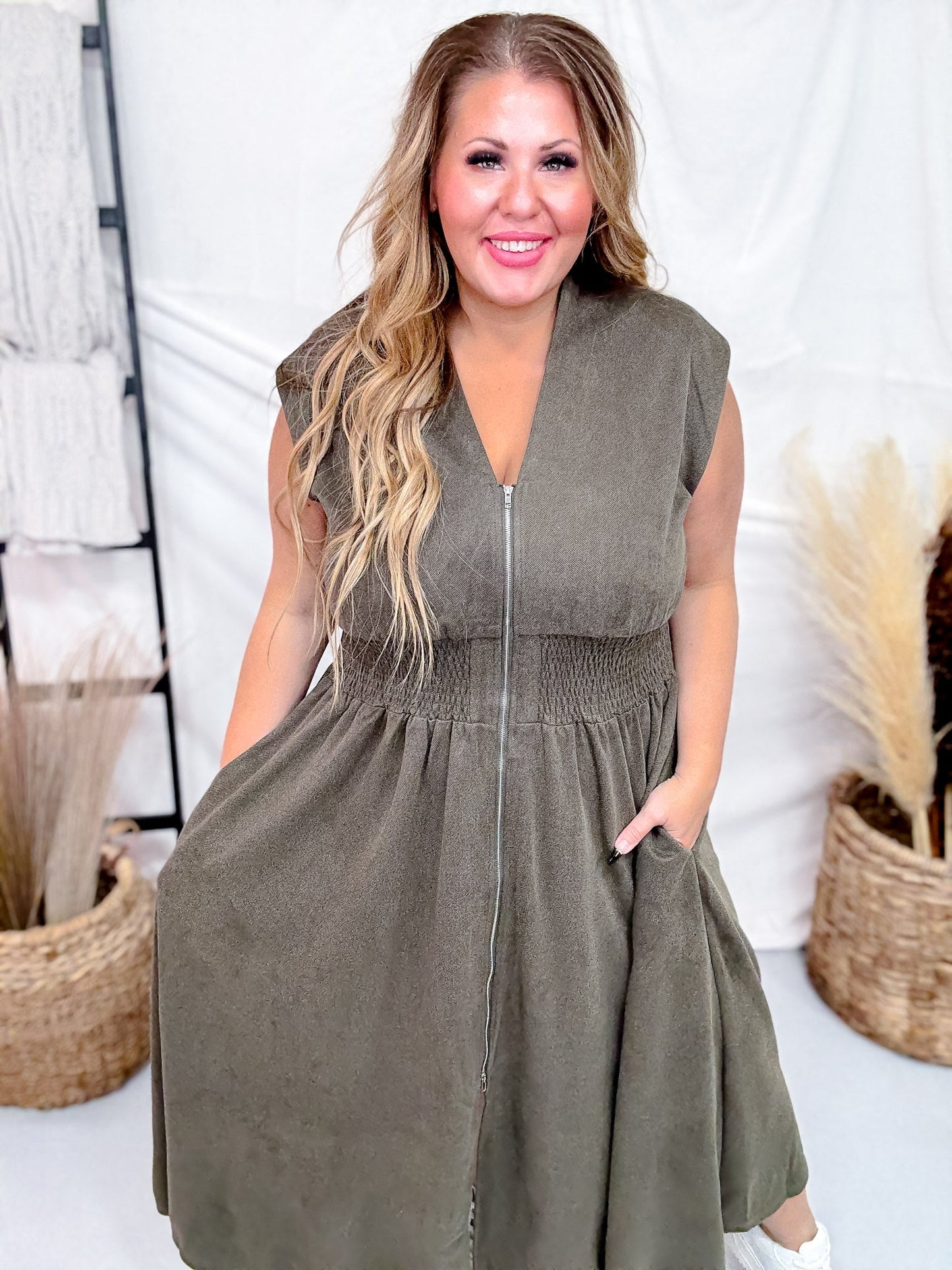 Olive Green Smocked Waist Twill Suede Shirt Dress Final Sale Olive Green Smocked Waist Twill Suede Shirt Dress Final Sale