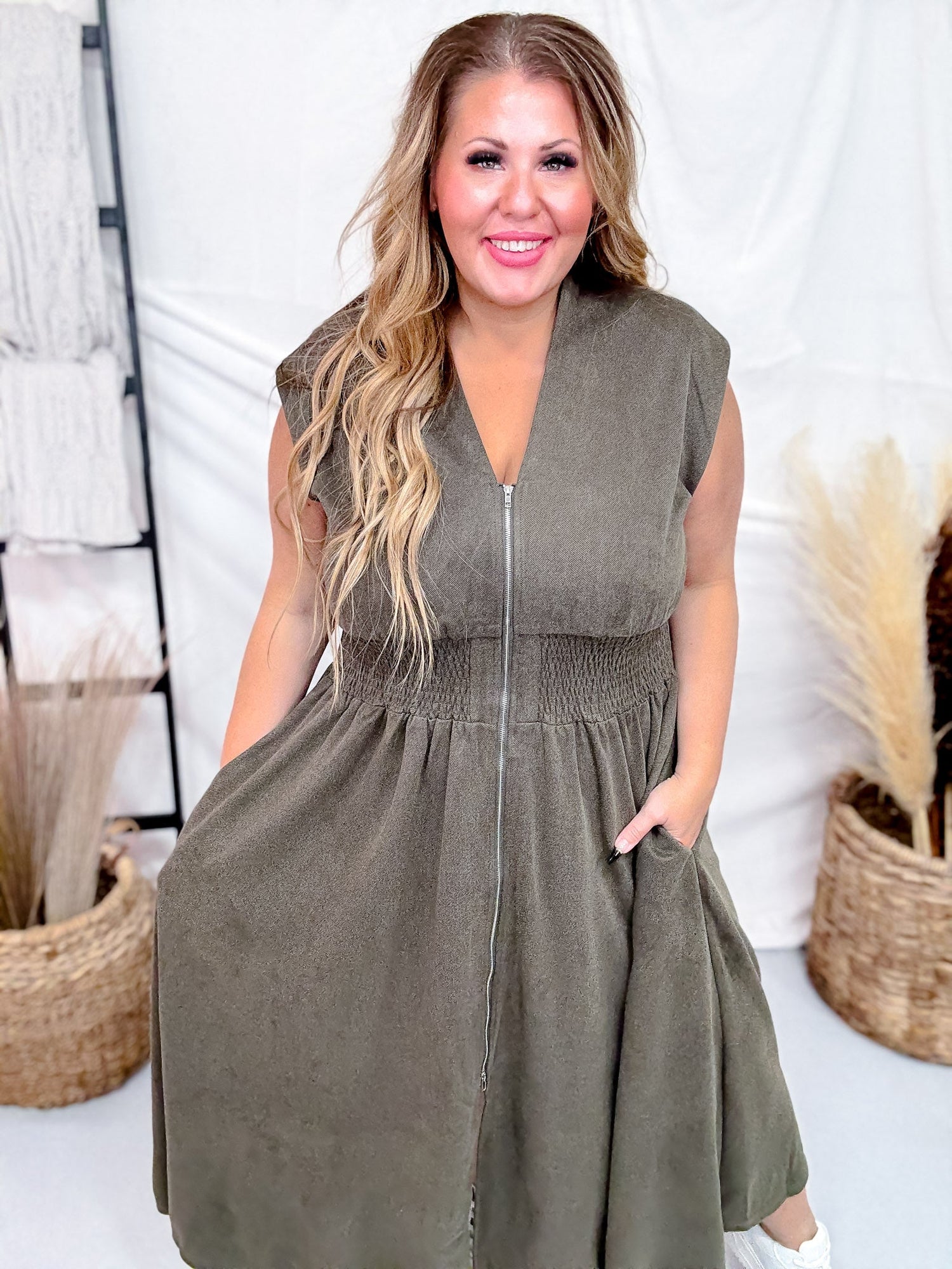 Olive Green Smocked Waist Twill Suede Shirt Dress Final Sale Olive Green Smocked Waist Twill Suede Shirt Dress Final Sale