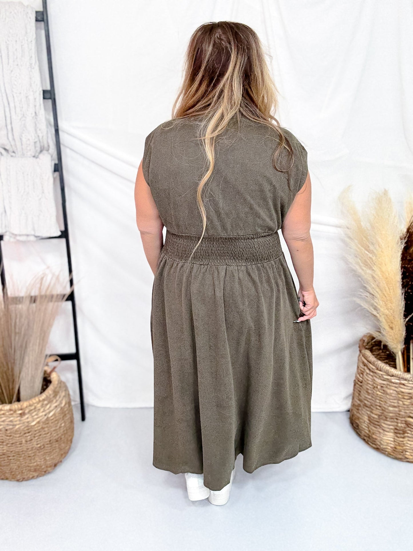 Olive Green Smocked Waist Twill Suede Shirt Dress Final Sale Olive Green Smocked Waist Twill Suede Shirt Dress Final Sale