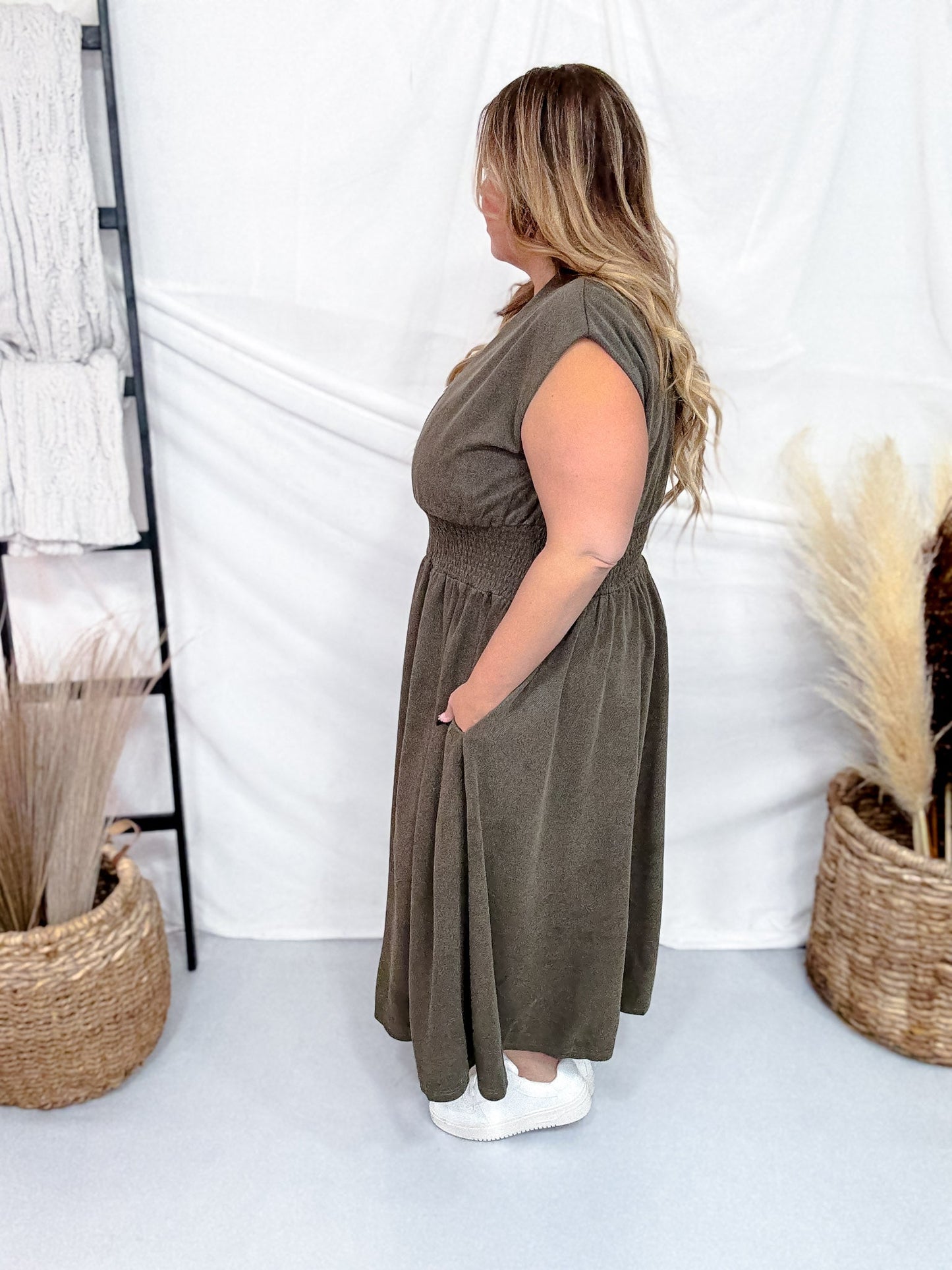 Olive Green Smocked Waist Twill Suede Shirt Dress Final Sale Olive Green Smocked Waist Twill Suede Shirt Dress Final Sale