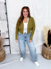 Olive Green Textured Cardigan With Lace Trim - Whiskey Skies - HEIMISH
