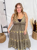 Olive Green Tiered Maxi Dress with Gold Sun Pattern - Whiskey Skies - SWEET GENERIS