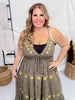 Olive Green Tiered Maxi Dress with Gold Sun Pattern - Whiskey Skies - SWEET GENERIS